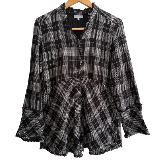 HABITAT | Black and White Plaid Gauze Button down Chunky Sleeve Top Extra Small - Picture 1 of 8